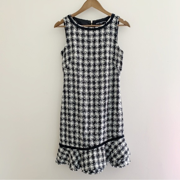Karl Lagerfeld Gingham Metallic Boucle Shift Dress 2 Black White Sleeveless - Picture 11 of 11